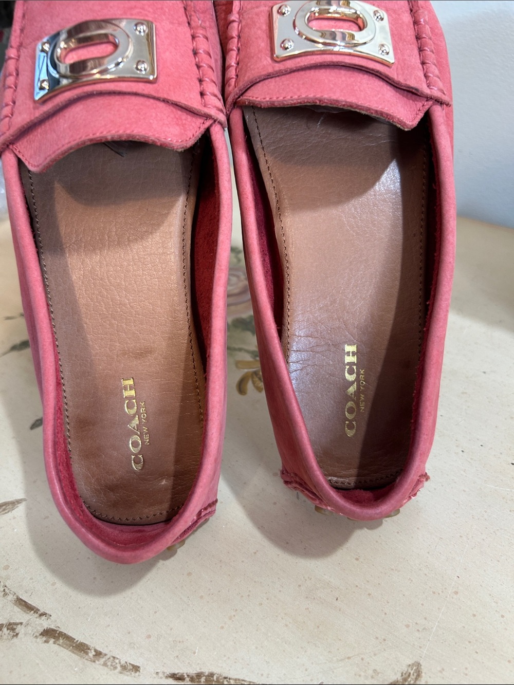 Coach Napoleon Salmon Pink Coral Suede Gold Buckle Driving Loafers - Picture 9 of 15
